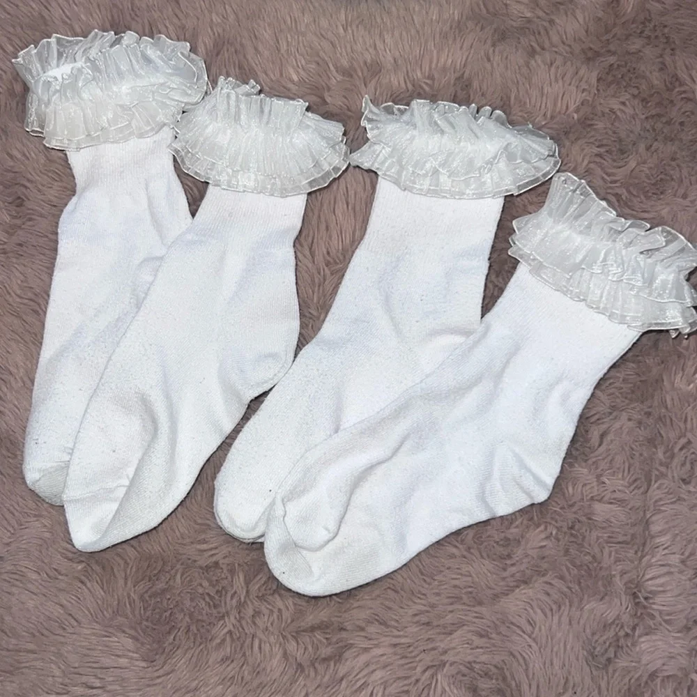 Set of 2 pairs of white ruffle socks dainty little girls footwear dainty cute 6”